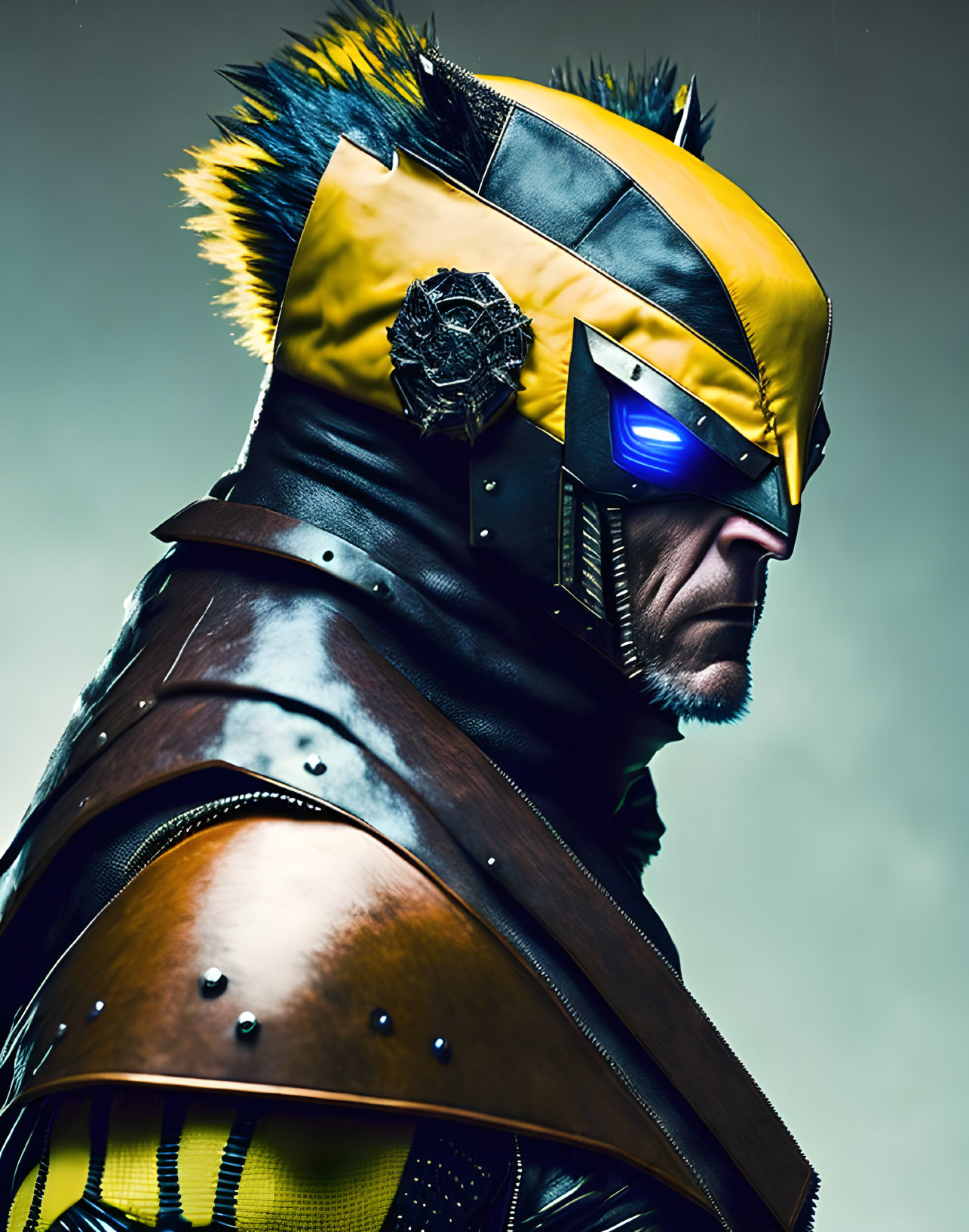 Futuristic knight in yellow and black costume with glowing blue visor