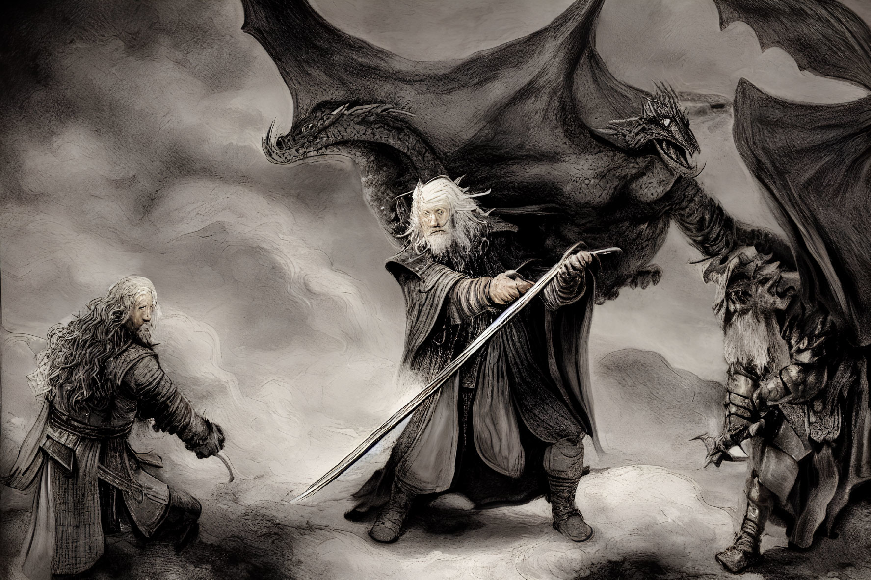 Monochrome fantasy illustration of wizard, warrior, figures, and dragon