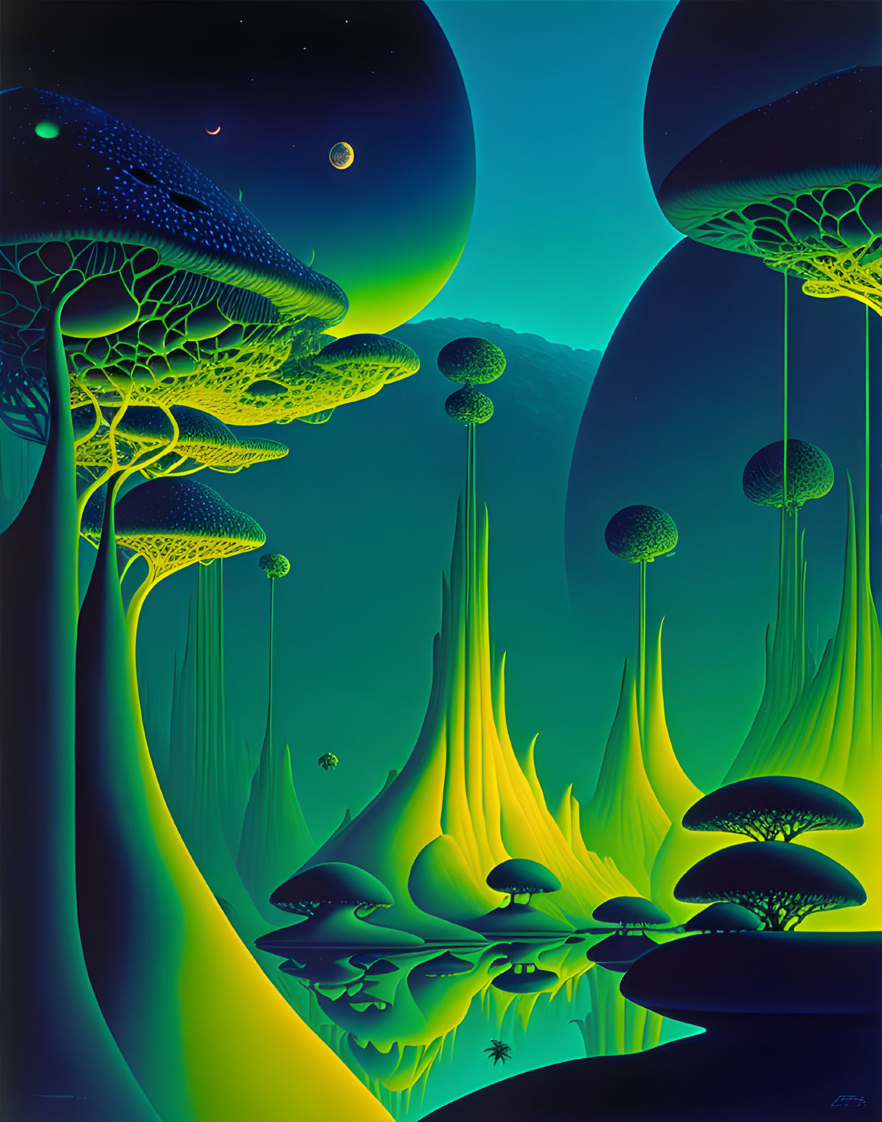 Surreal landscape with glowing bioluminescent mushroom structures
