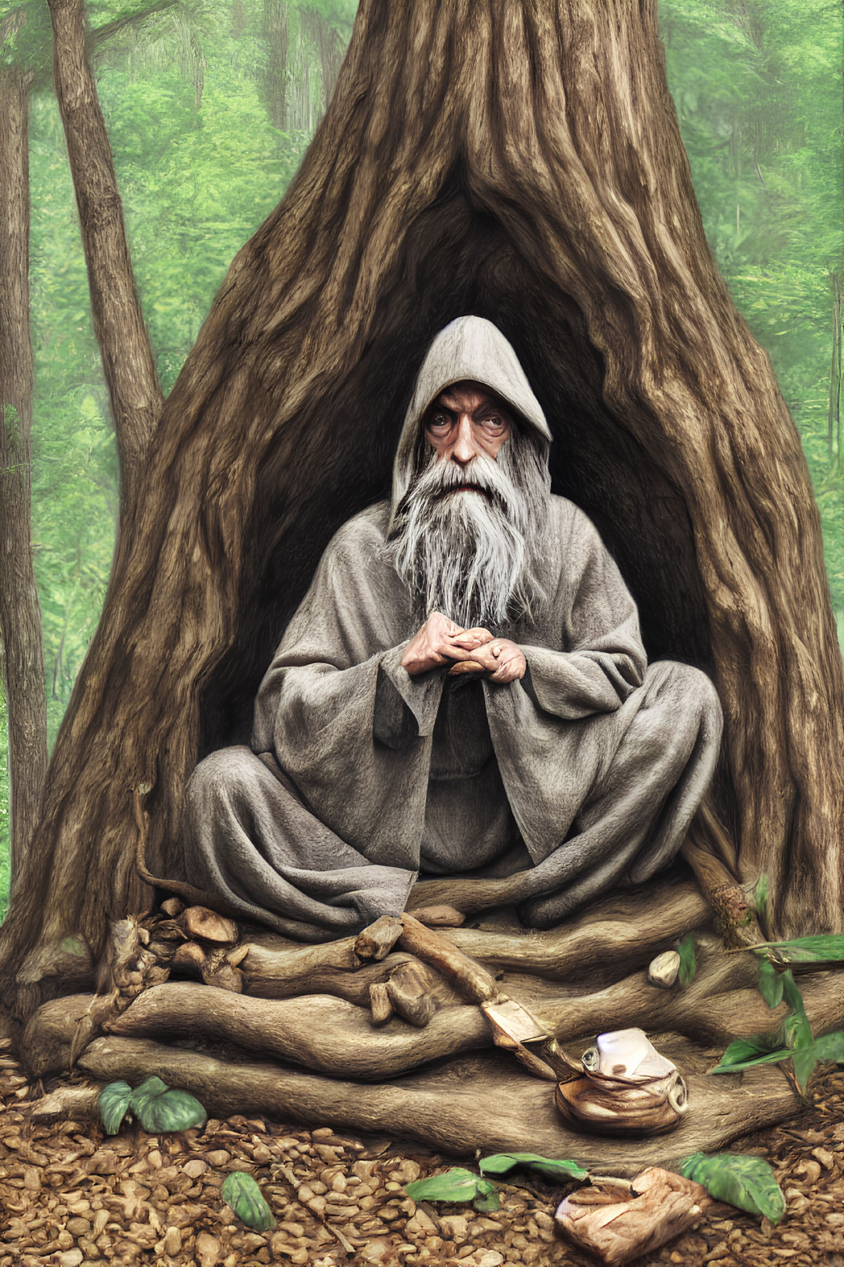 Elderly bearded man in grey cloak meditates in hollow tree with simple meal