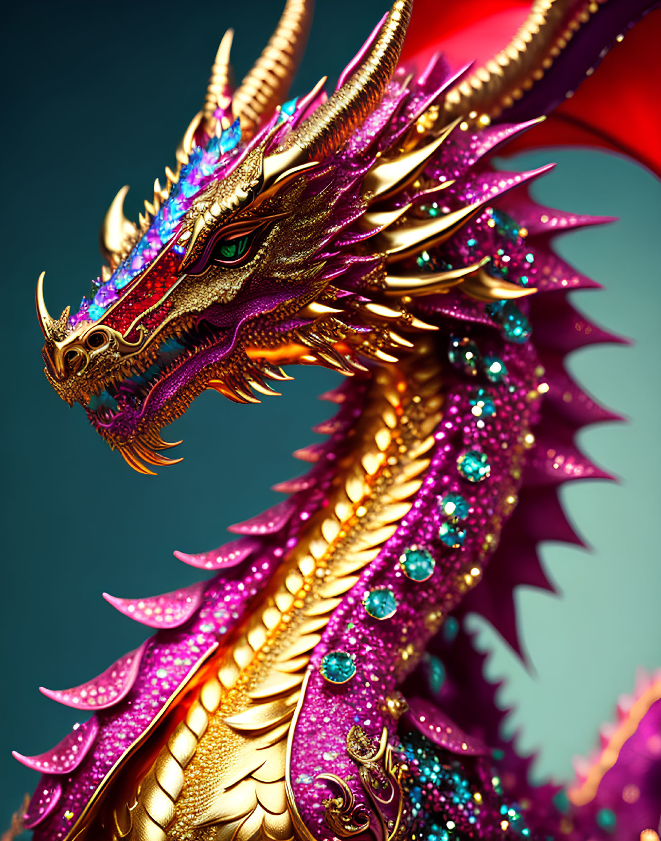 Dragon digital illustration with pink scales and green eyes on teal background