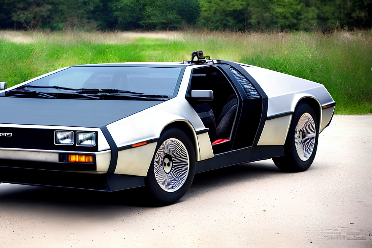Vintage DeLorean DMC-12 with Gull-Wing Doors Open on Road