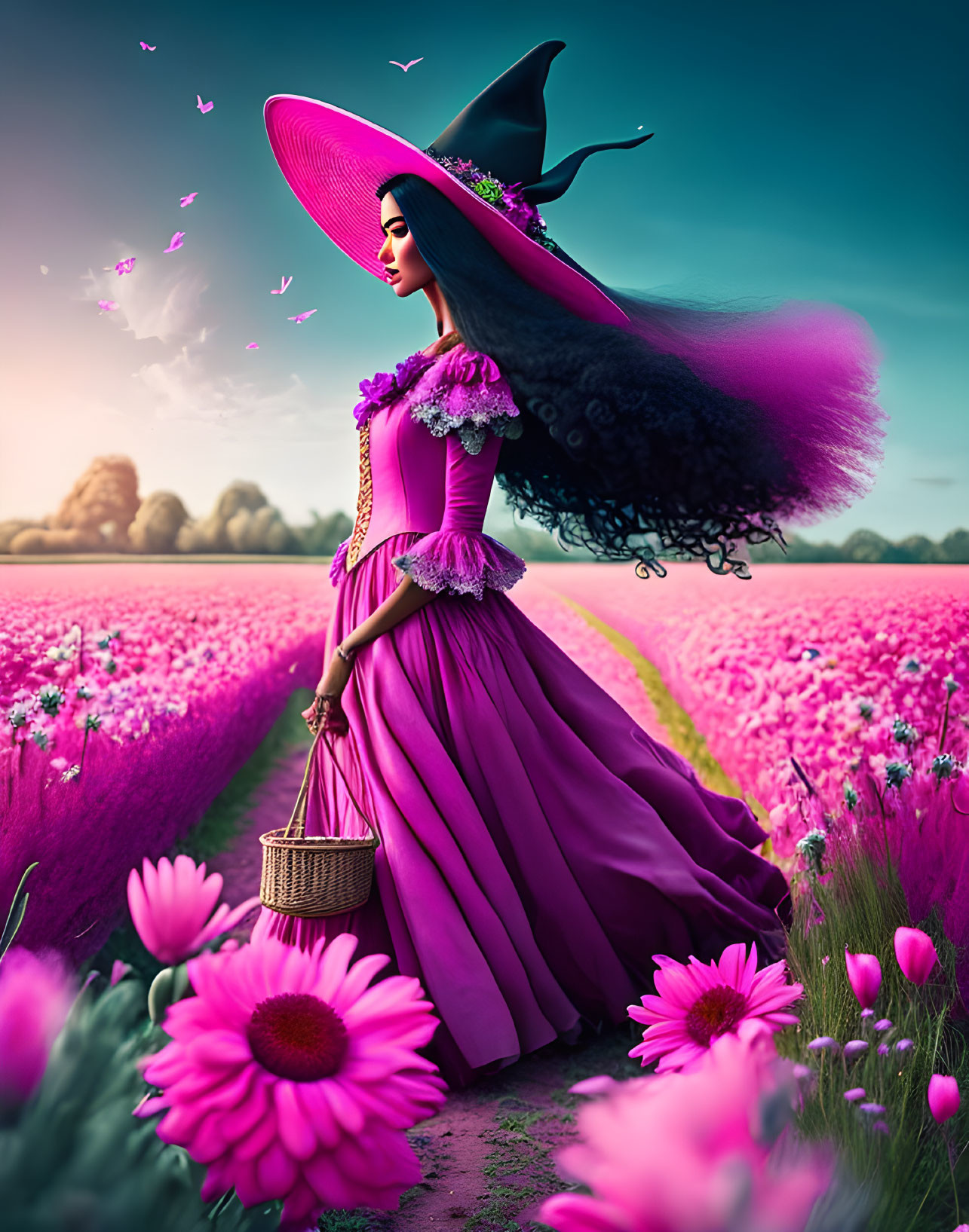 Woman in Purple Dress and Hat Surrounded by Pink Flowers and Birds