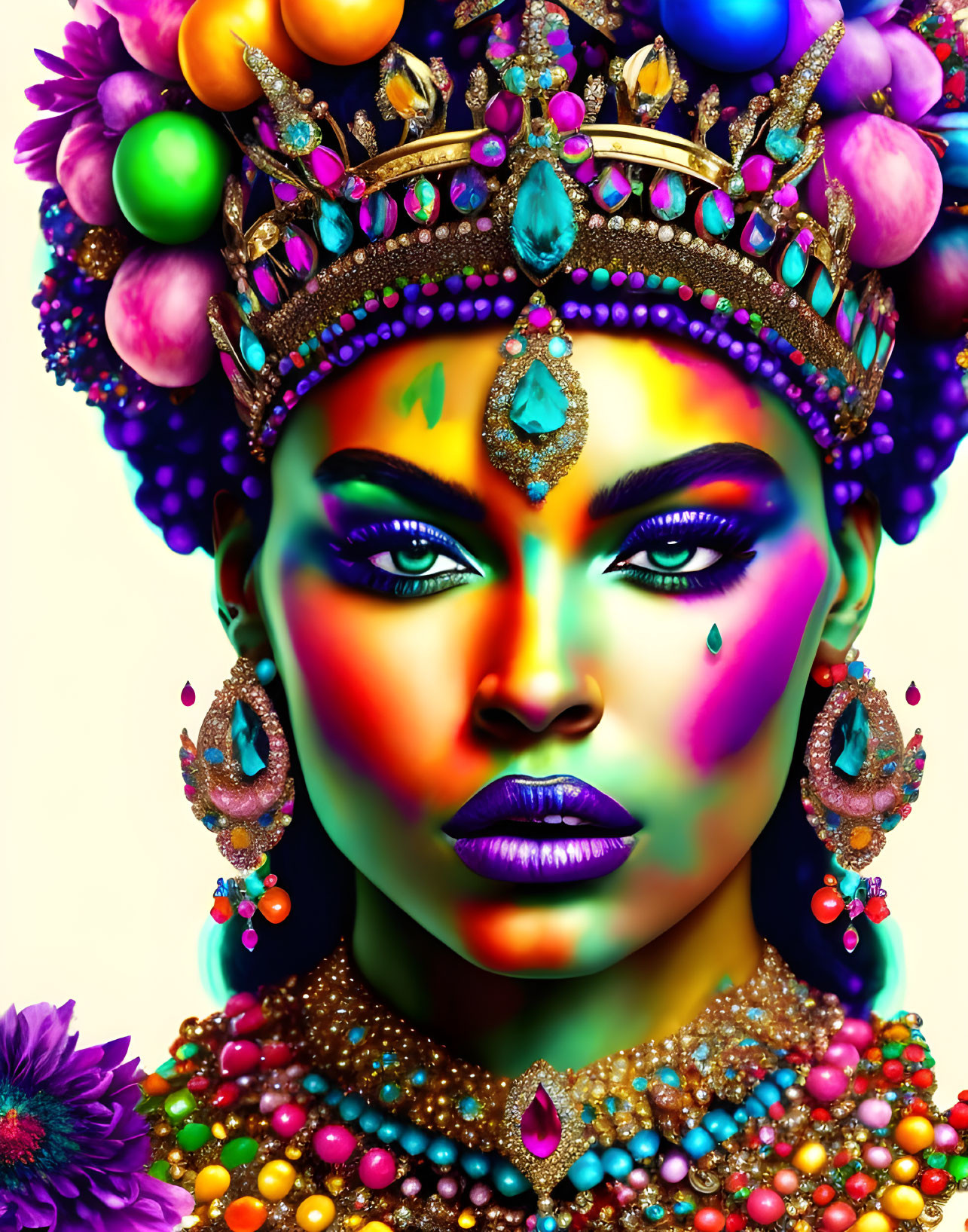 Colorful portrait of woman with jewel-encrusted crown and bold makeup