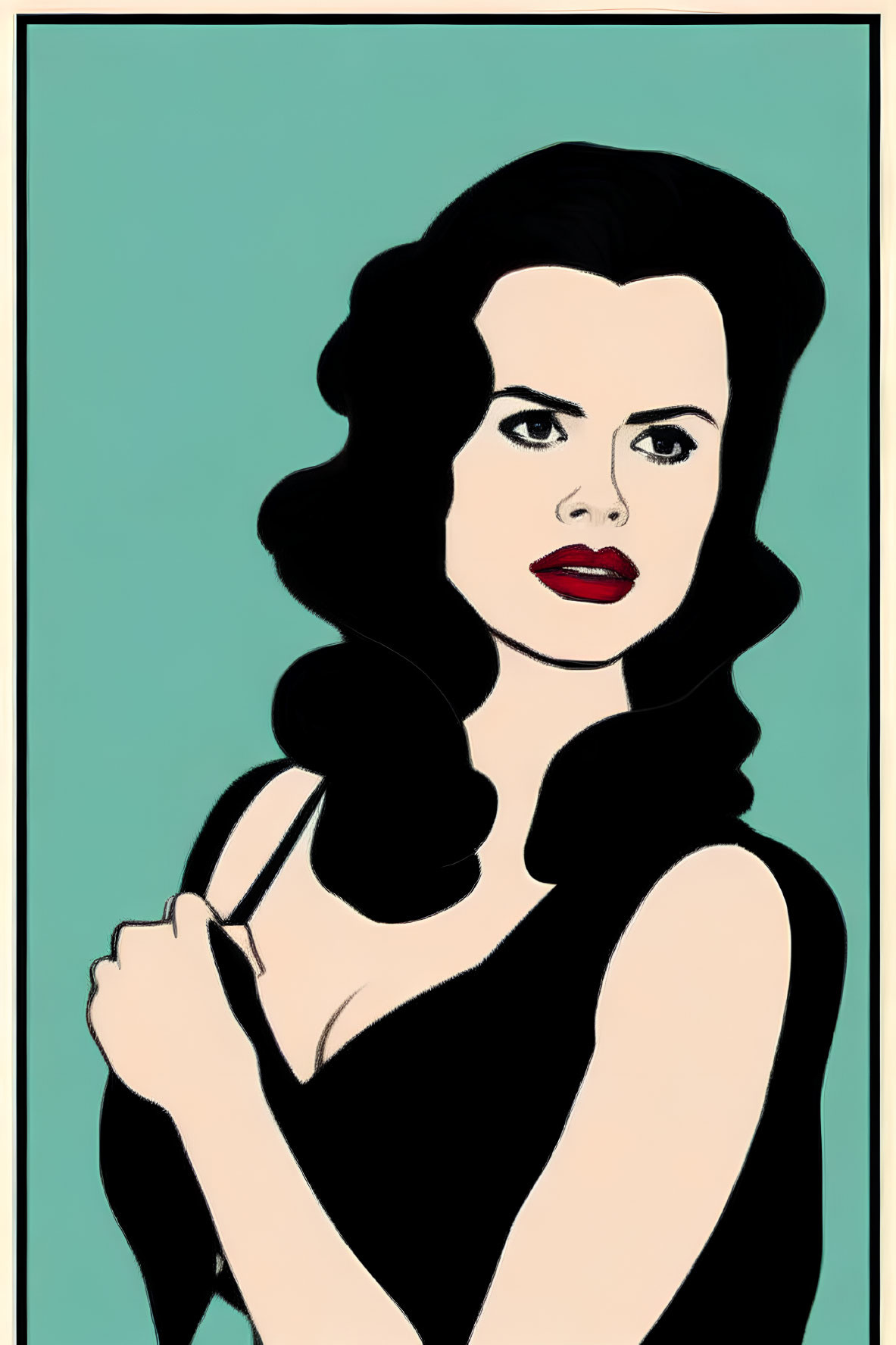 Vintage-style illustration of woman with dark curly hair and red lipstick against teal background