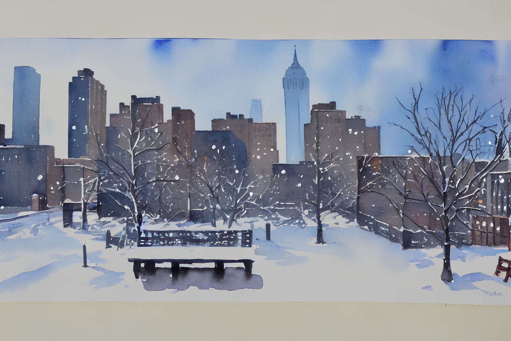 Snowy urban park watercolor painting with bare trees and high-rise buildings.