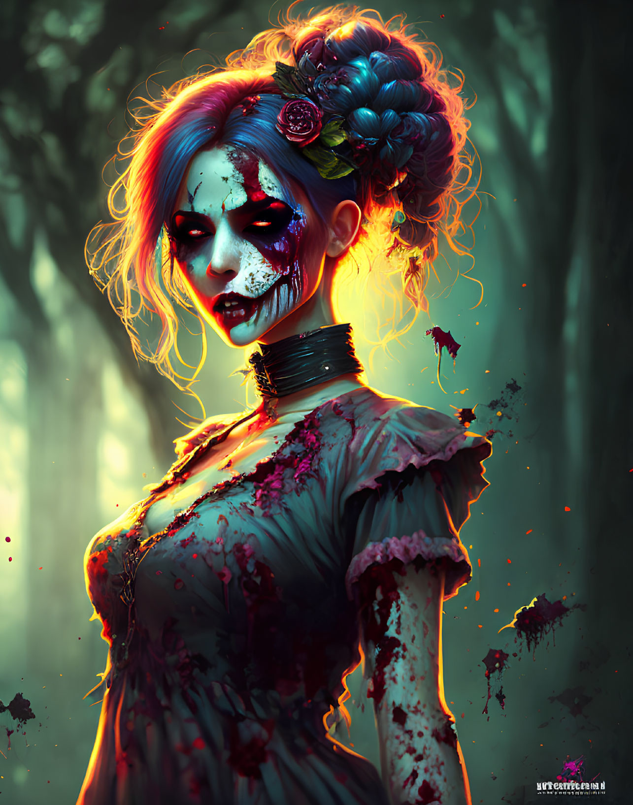 Woman with Blue Hair and Skull Face Paint in Victorian Dress against Dark Forest
