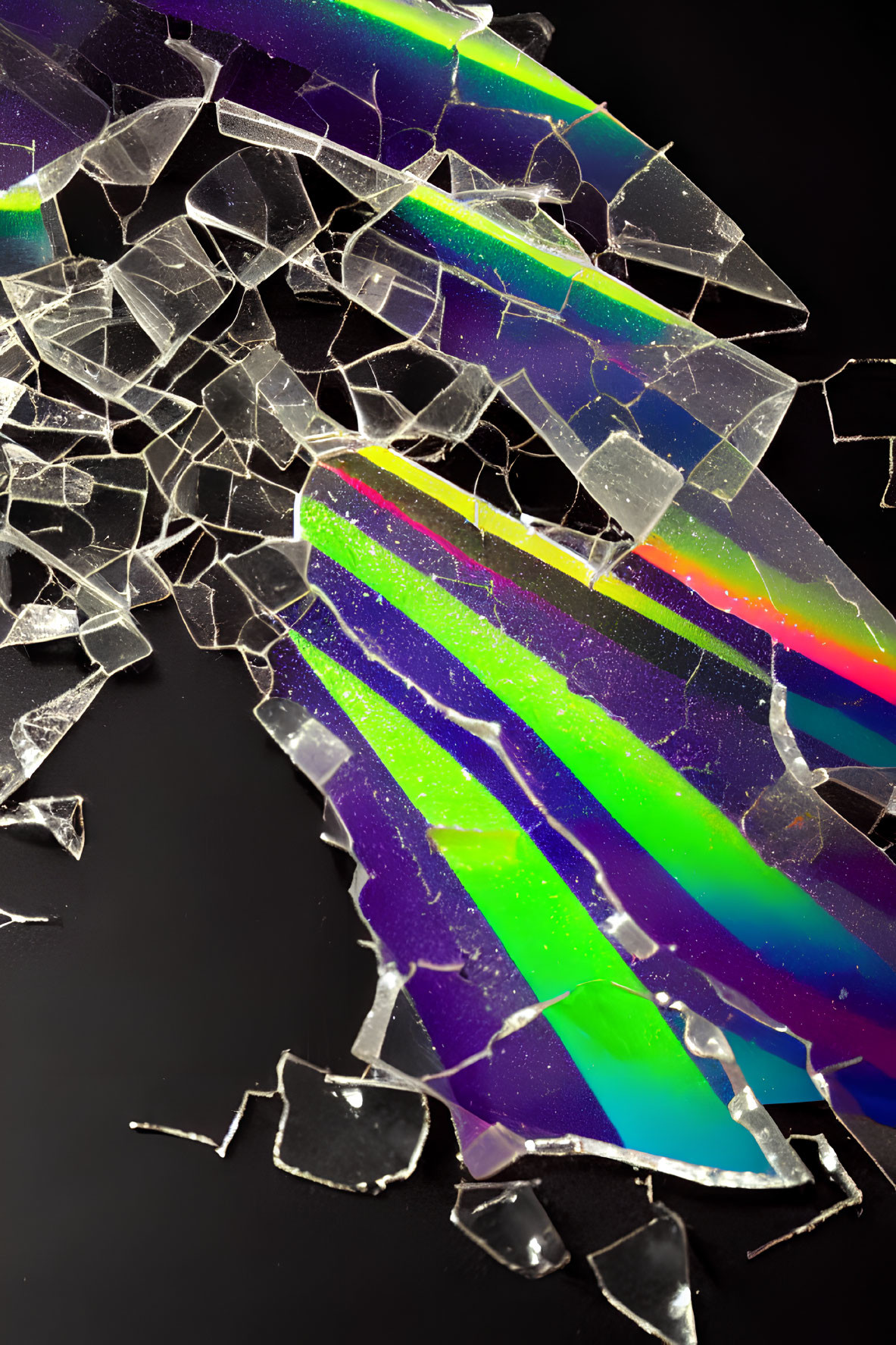 Iridescent glass shards on dark surface with colorful reflections
