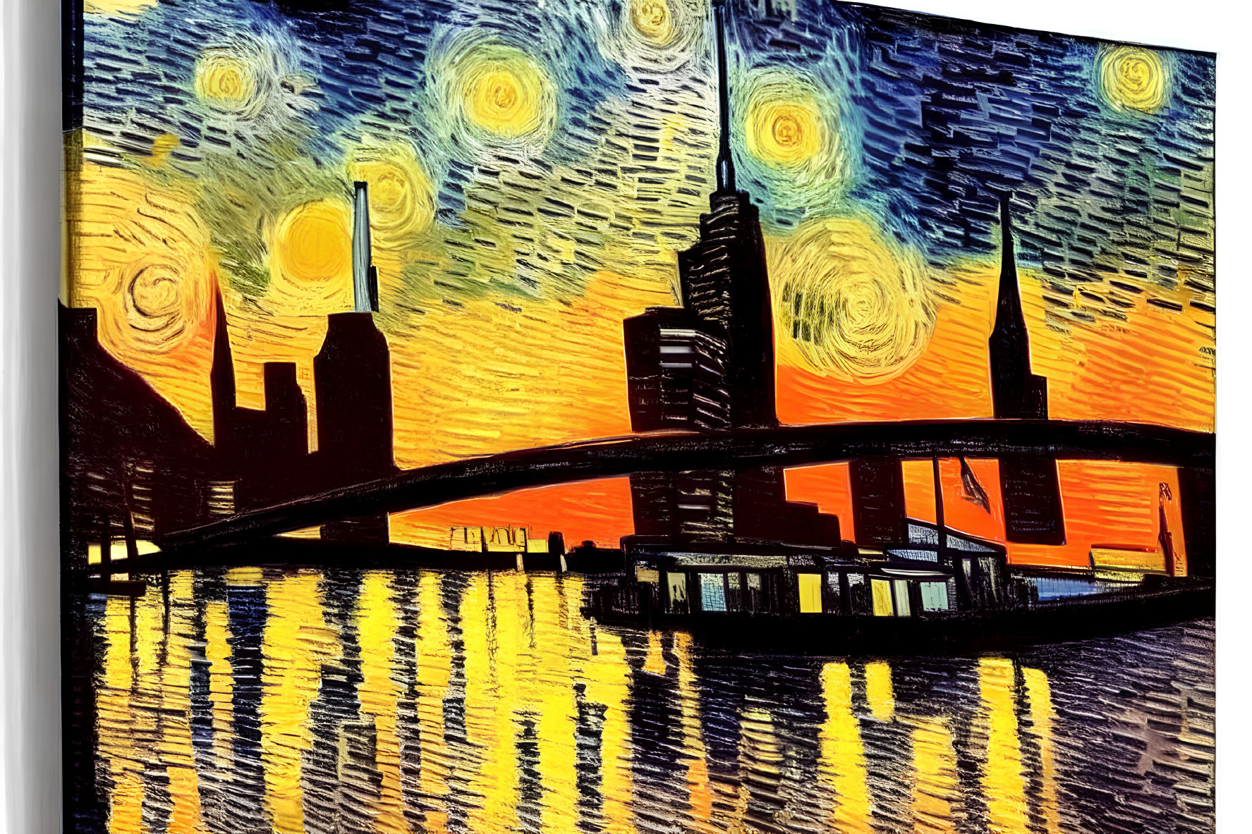 Colorful cityscape painting with starry-night sky and water reflections