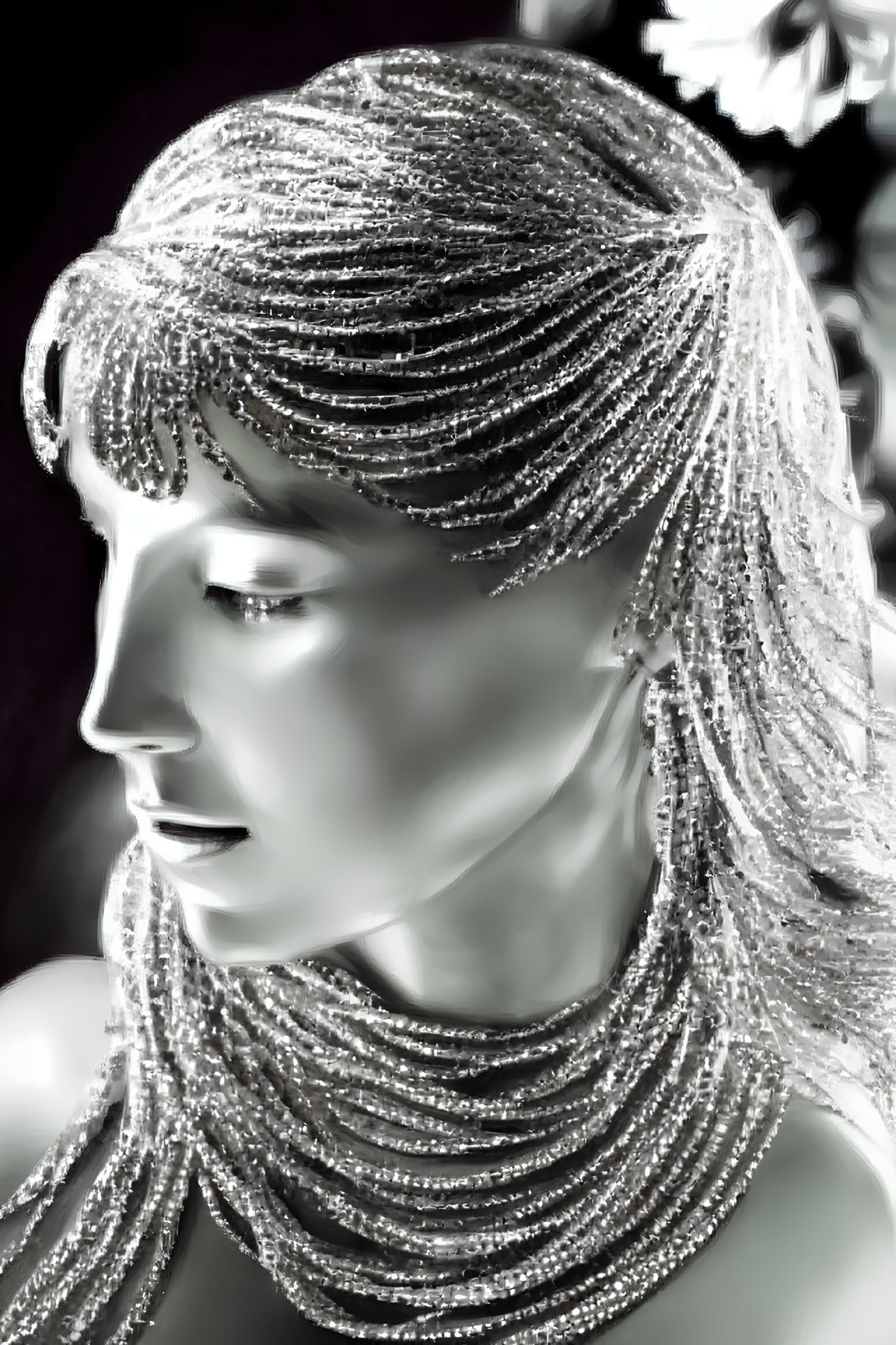 Detailed monochromatic artwork: Woman with beaded hair and necklace