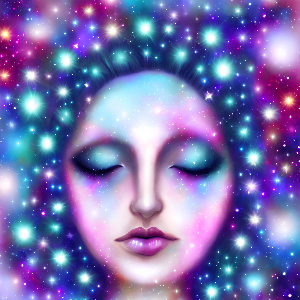Surreal portrait of a face in vibrant cosmos.