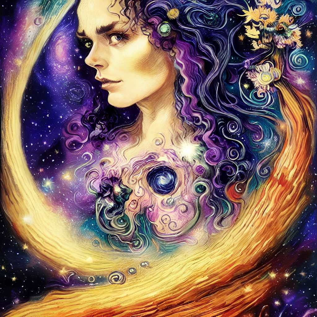 Colorful cosmic portrait blending galaxies, stars, and floral patterns.