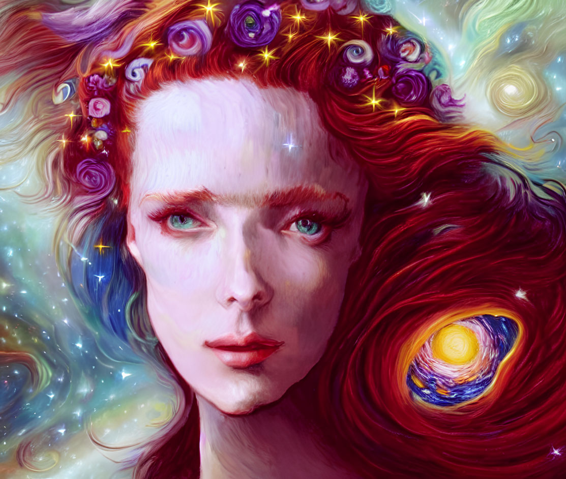 Surreal portrait blending woman's face with cosmic elements