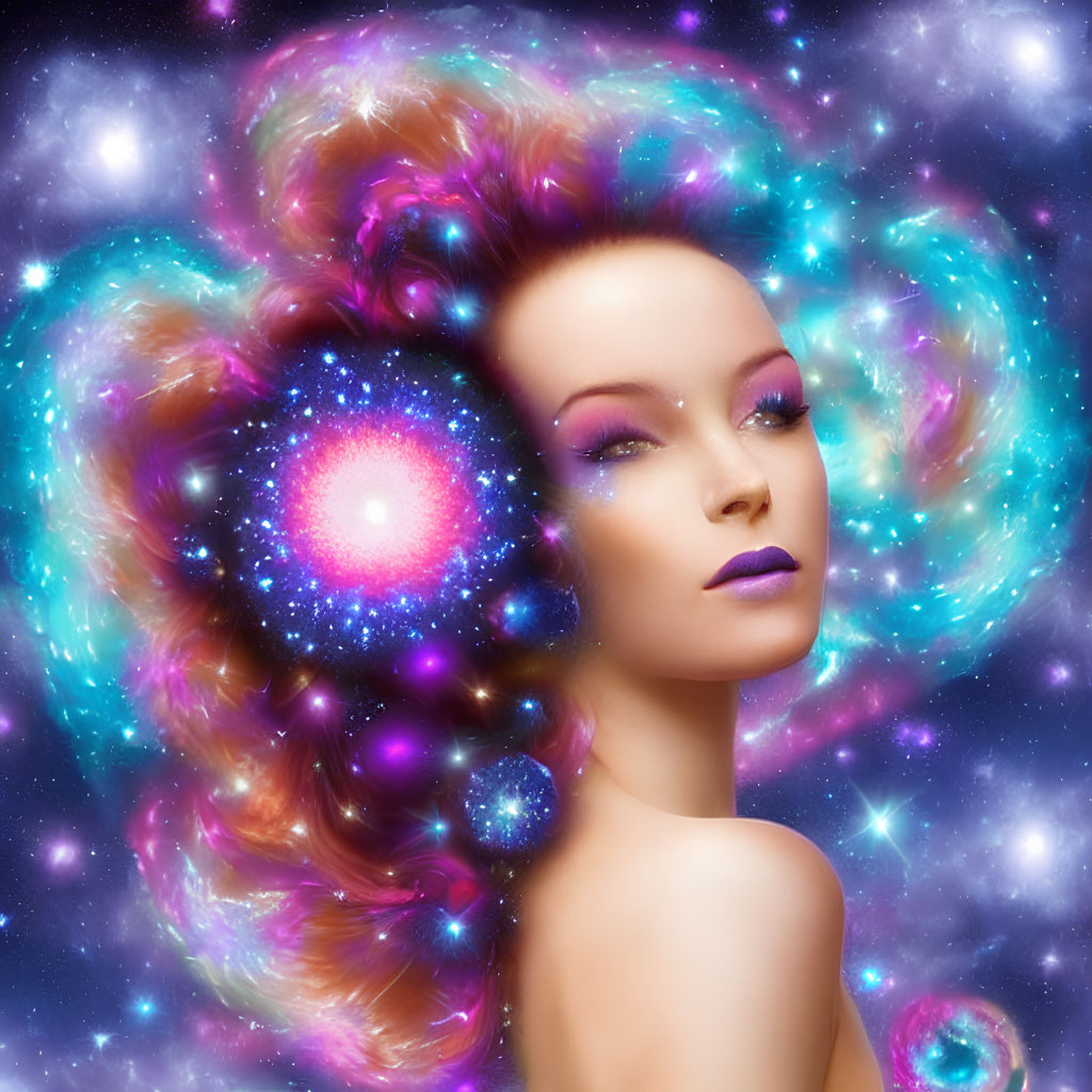 Portrait of a woman with cosmic galaxy theme and vibrant colors