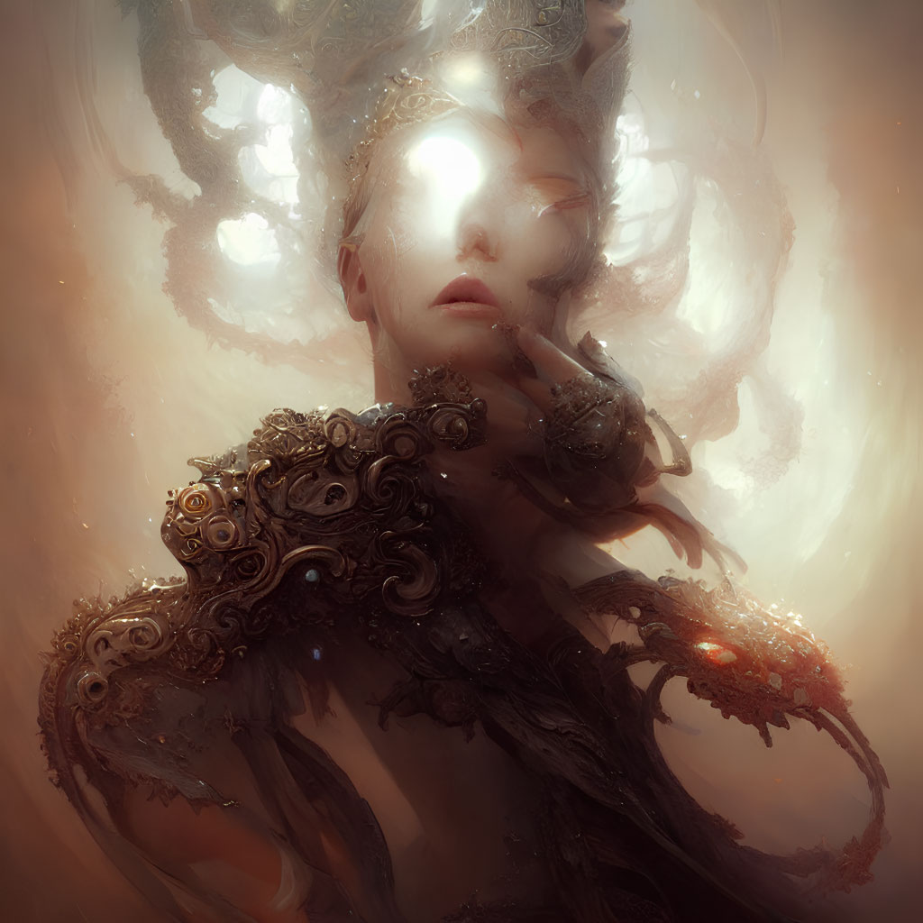 Ethereal figure in ornate headgear and armor surrounded by swirling mists, touching face with
