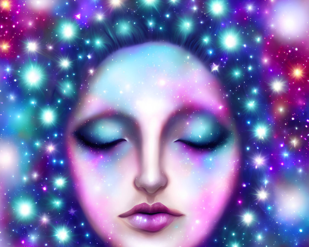 Surreal portrait of a face in vibrant cosmos.