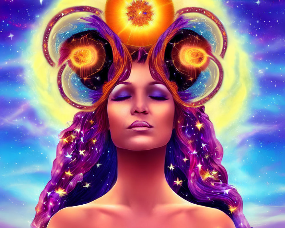 Surreal portrait of woman with purple hair and cosmic motifs against starry sky