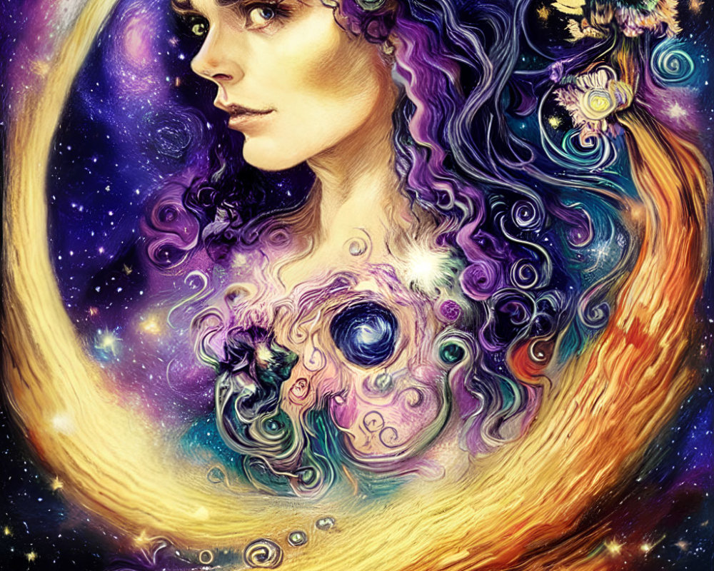 Colorful cosmic portrait blending galaxies, stars, and floral patterns.