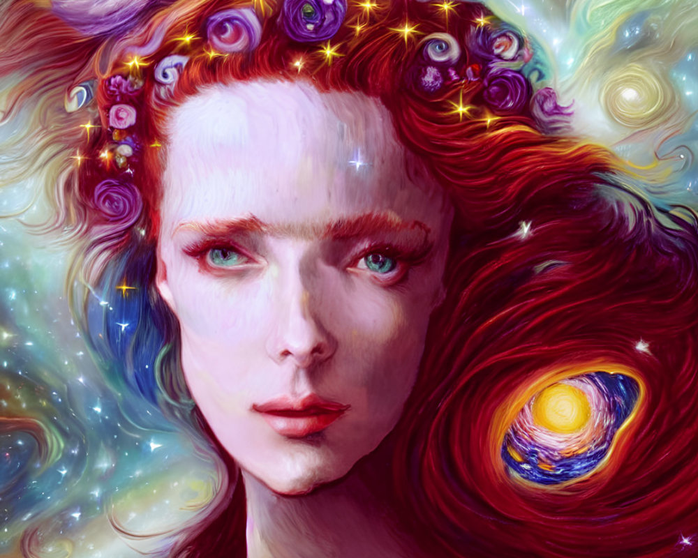 Surreal portrait blending woman's face with cosmic elements