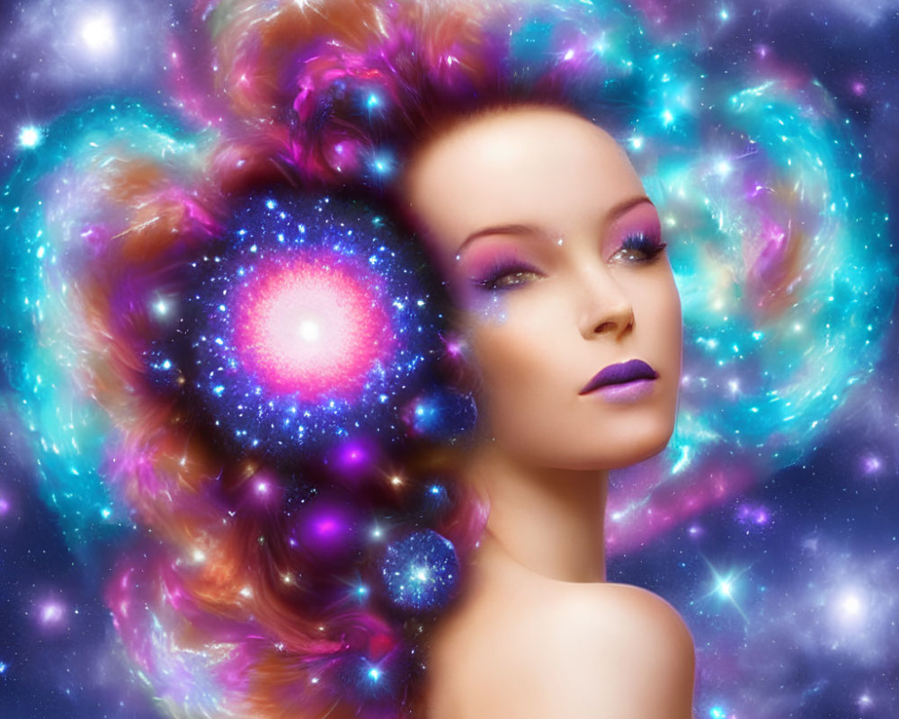 Portrait of a woman with cosmic galaxy theme and vibrant colors
