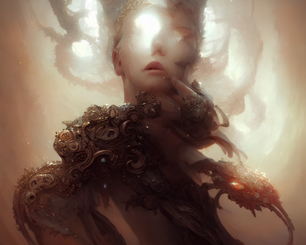 Ethereal figure in ornate headgear and armor surrounded by swirling mists, touching face with