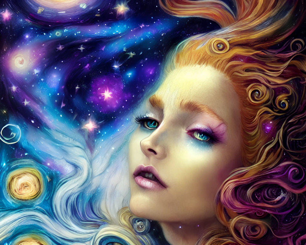 Surreal portrait of a woman with cosmic hair and space backdrop