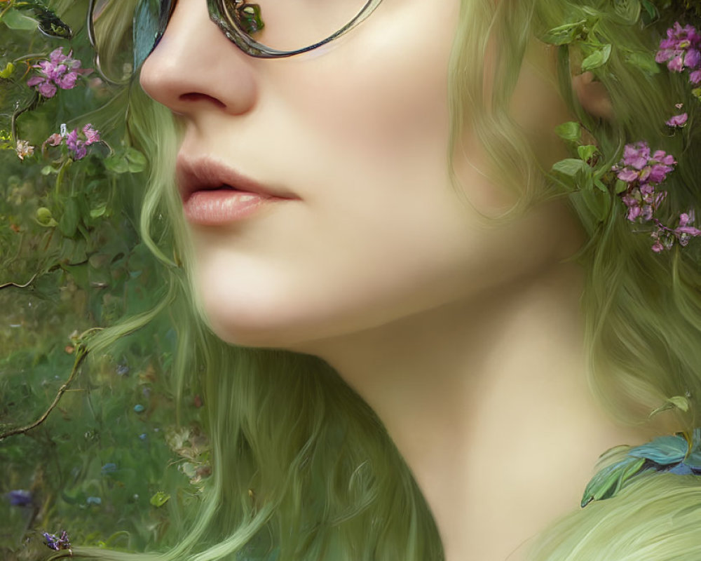 Woman with Green Hair and Glasses Surrounded by Flowers and Butterflies