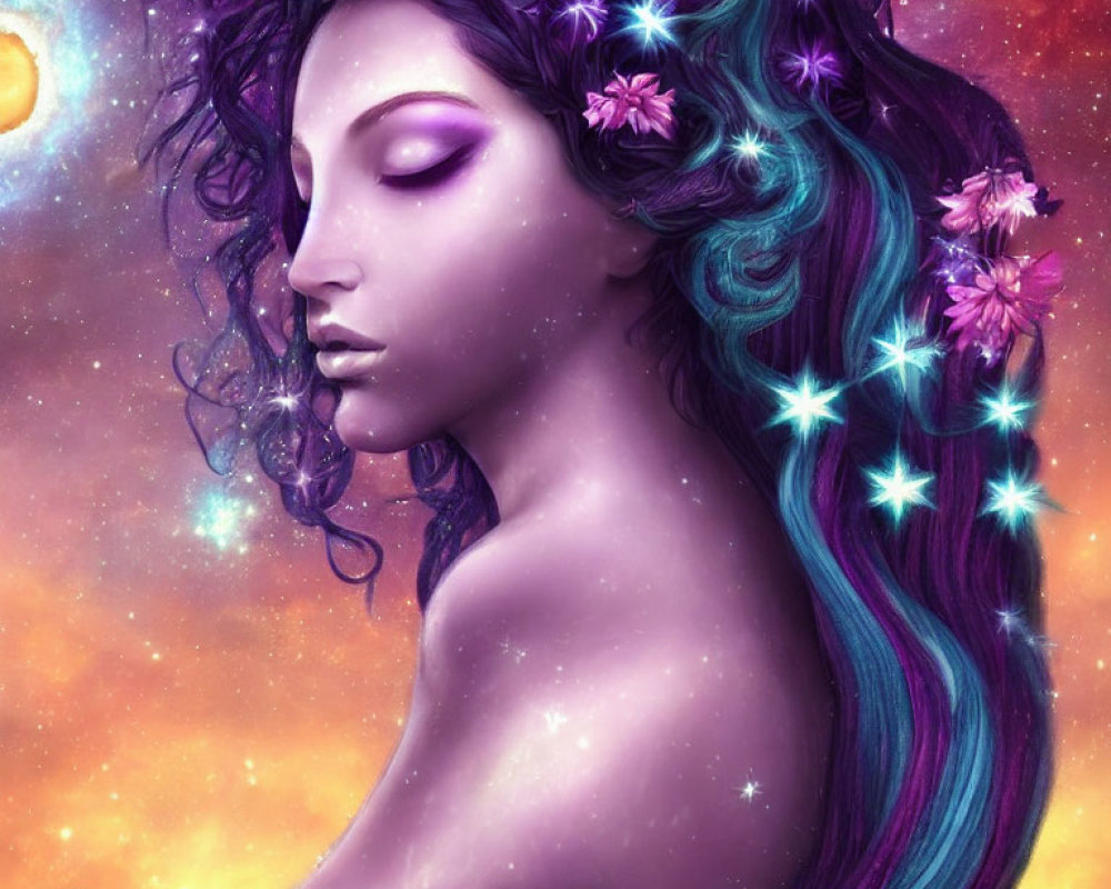 Fantasy illustration of woman with purple skin and cosmic background.