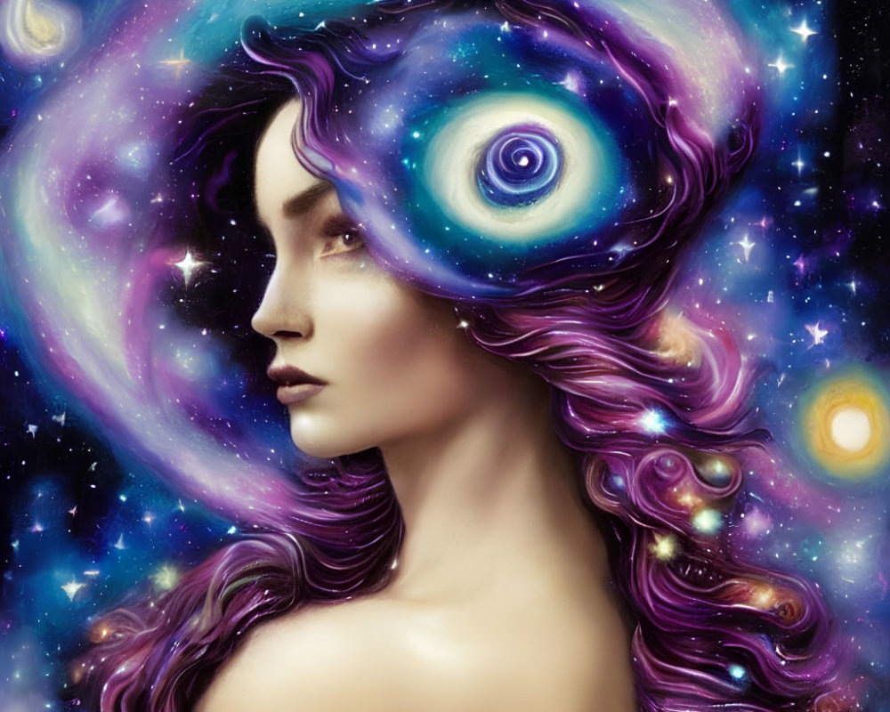 Woman with Cosmic-Themed Hair in Starry Galaxy Background