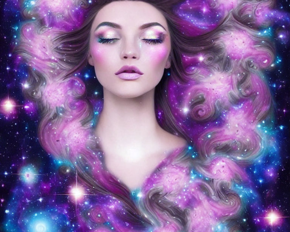 Digital artwork of woman with cosmic-themed makeup and hair merging into galaxy with stars, nebulas,