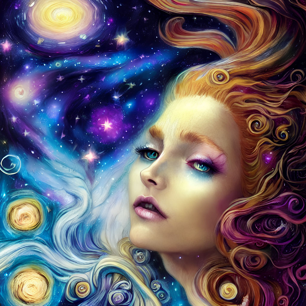 Surreal portrait of a woman with cosmic hair and space backdrop