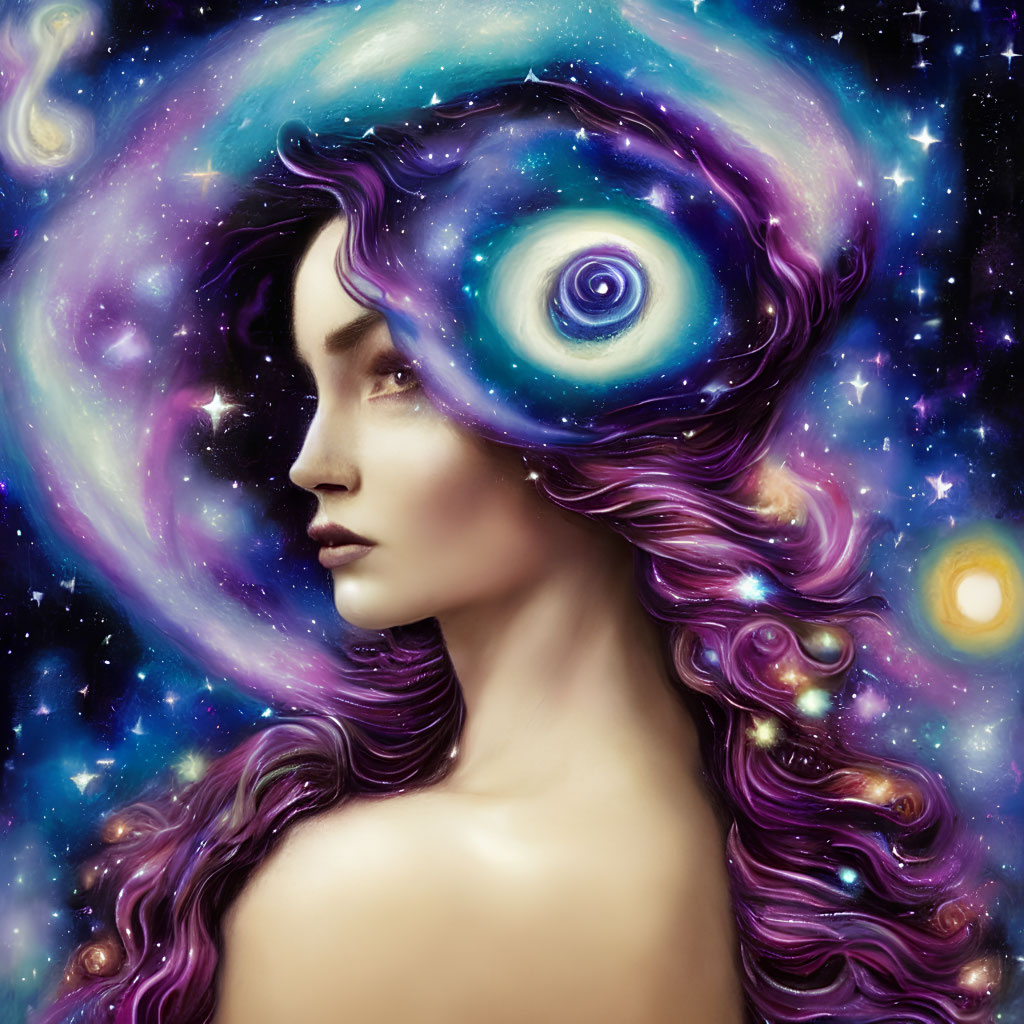 Woman with Cosmic-Themed Hair in Starry Galaxy Background