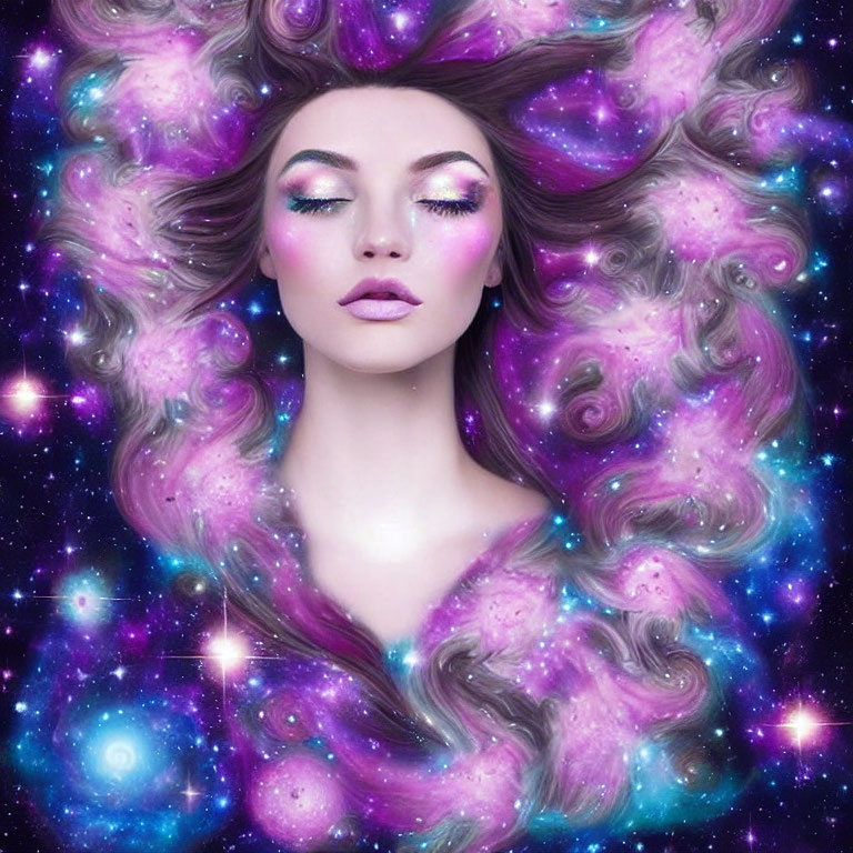 Digital artwork of woman with cosmic-themed makeup and hair merging into galaxy with stars, nebulas,