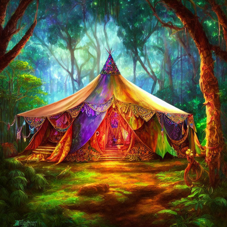 Colorful Whimsical Tent in Enchanted Forest Clearing