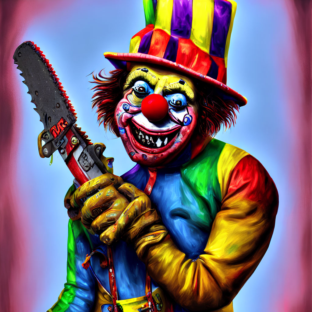 Colorful Menacing Clown Illustration with Chainsaw