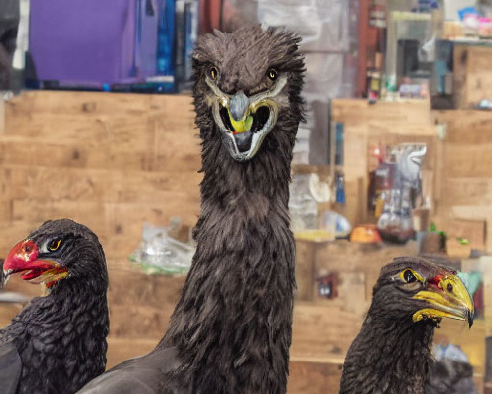 Realistic bird sculptures in cluttered room with one featuring yellow eyes and griffin-like beak