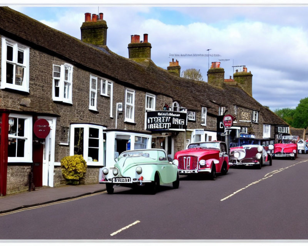 Traditional Stone Houses and Vintage Cars on Quaint Street