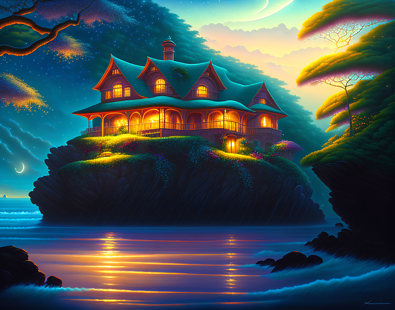 Victorian-style house on cliff at night with starry sky, sea view