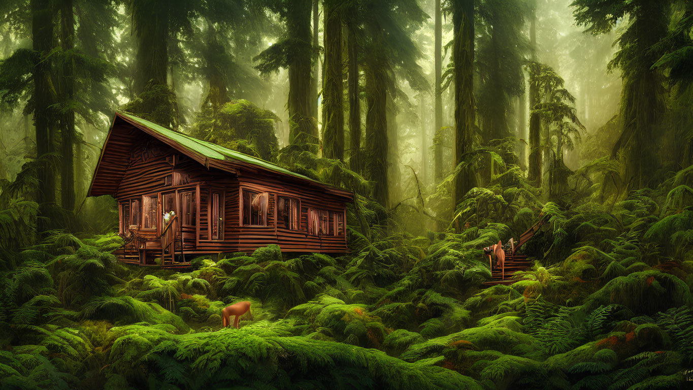 Tranquil wooden cabin in mossy forest with mist and grazing deer