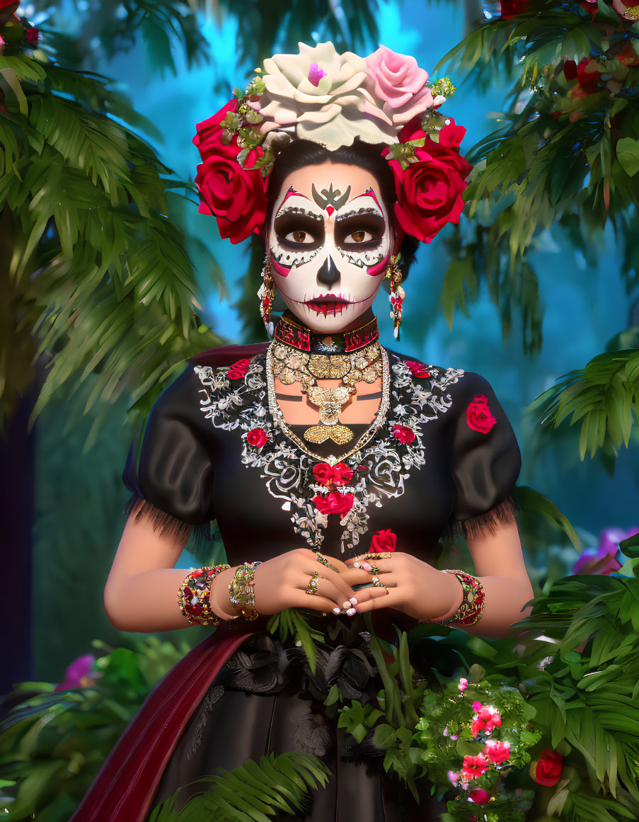 Elaborate sugar skull makeup and floral headpiece on person in traditional Day of the Dead attire
