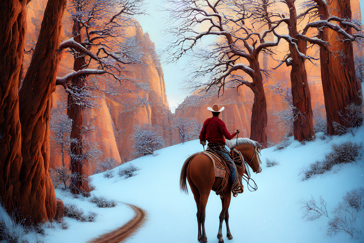 Cowboy on horseback in snowy trail with red rock formations and bare trees.