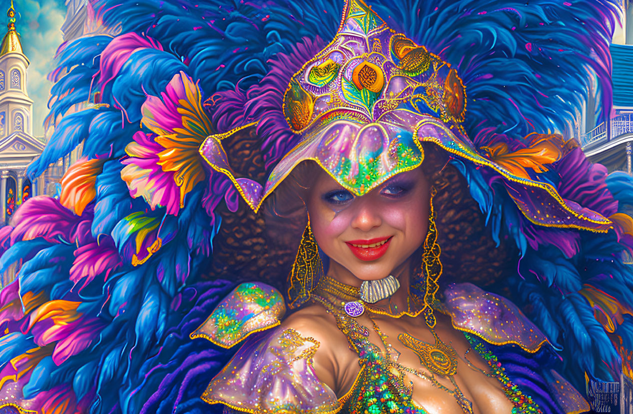 Vibrant carnival costume with feathered headdress and bejeweled mask