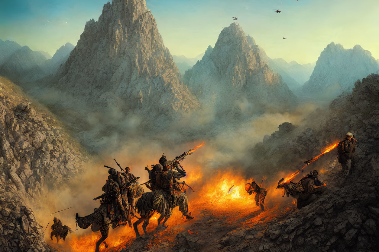 Fantasy Battle Scene: Warriors, Dragons, and Fiery Explosion in Mountain Terrain