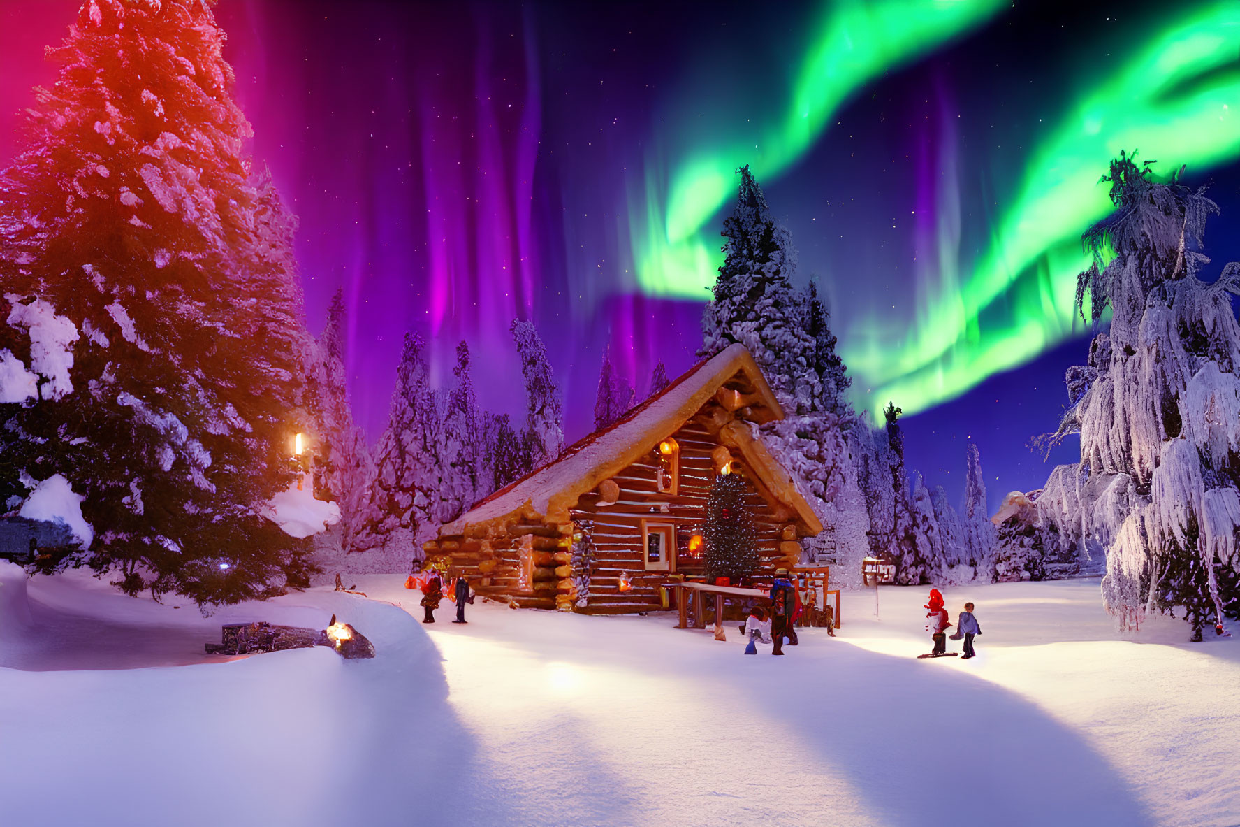 Snow-covered log cabin with festive lights under vibrant aurora borealis and snowy scenery