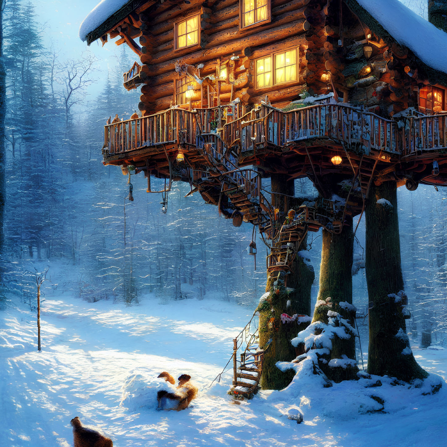 Illuminated snow-covered treehouse with ladder and dogs in snowy forest at dusk