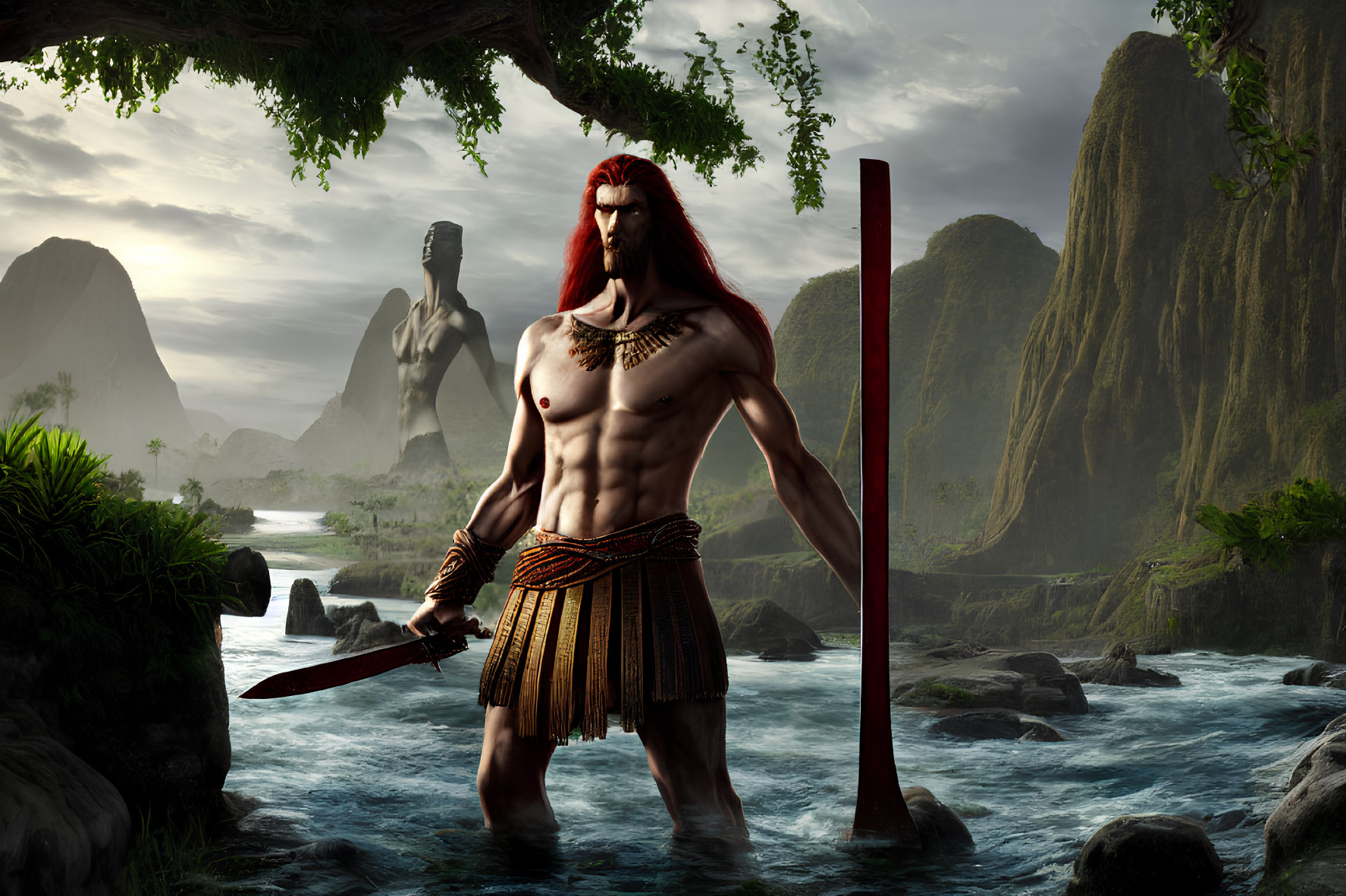 Red-Haired Warrior with Sword and Shield in Lush Landscape