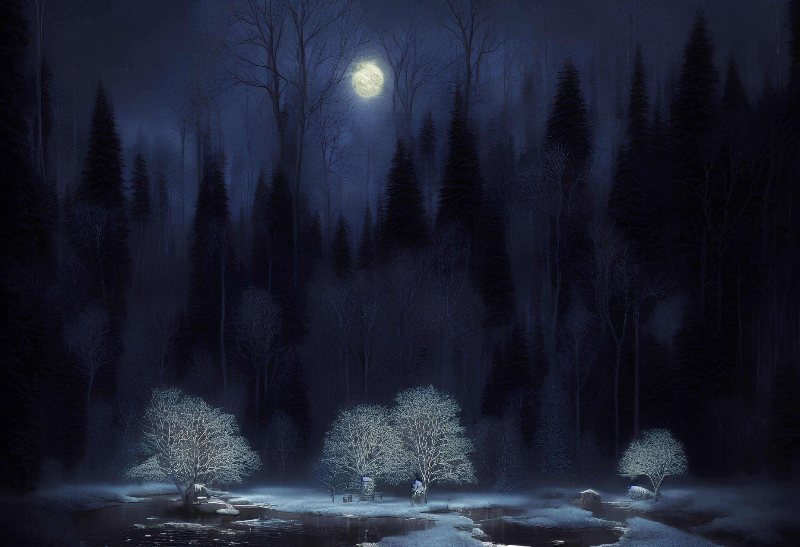 Tranquil forest scene under full moon and snow-covered trees