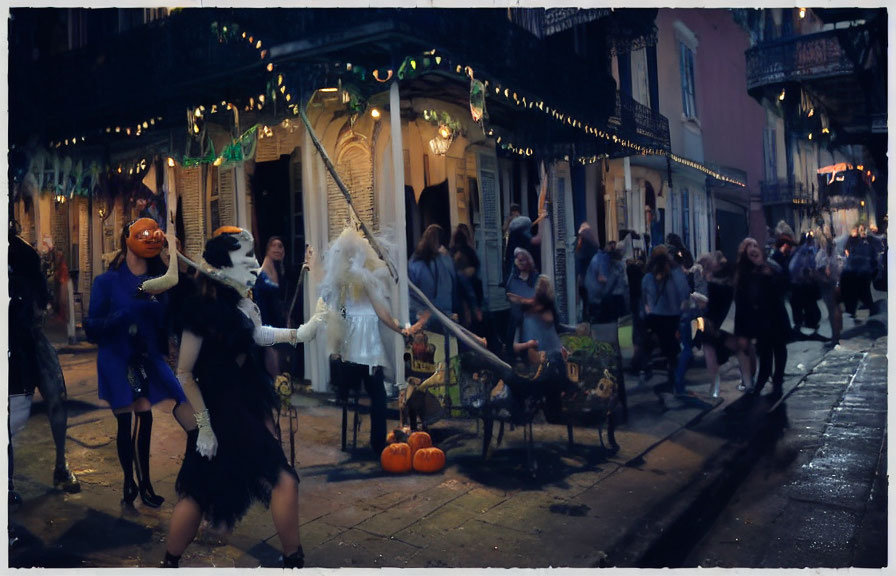 Festive street celebration with costumes and pumpkins