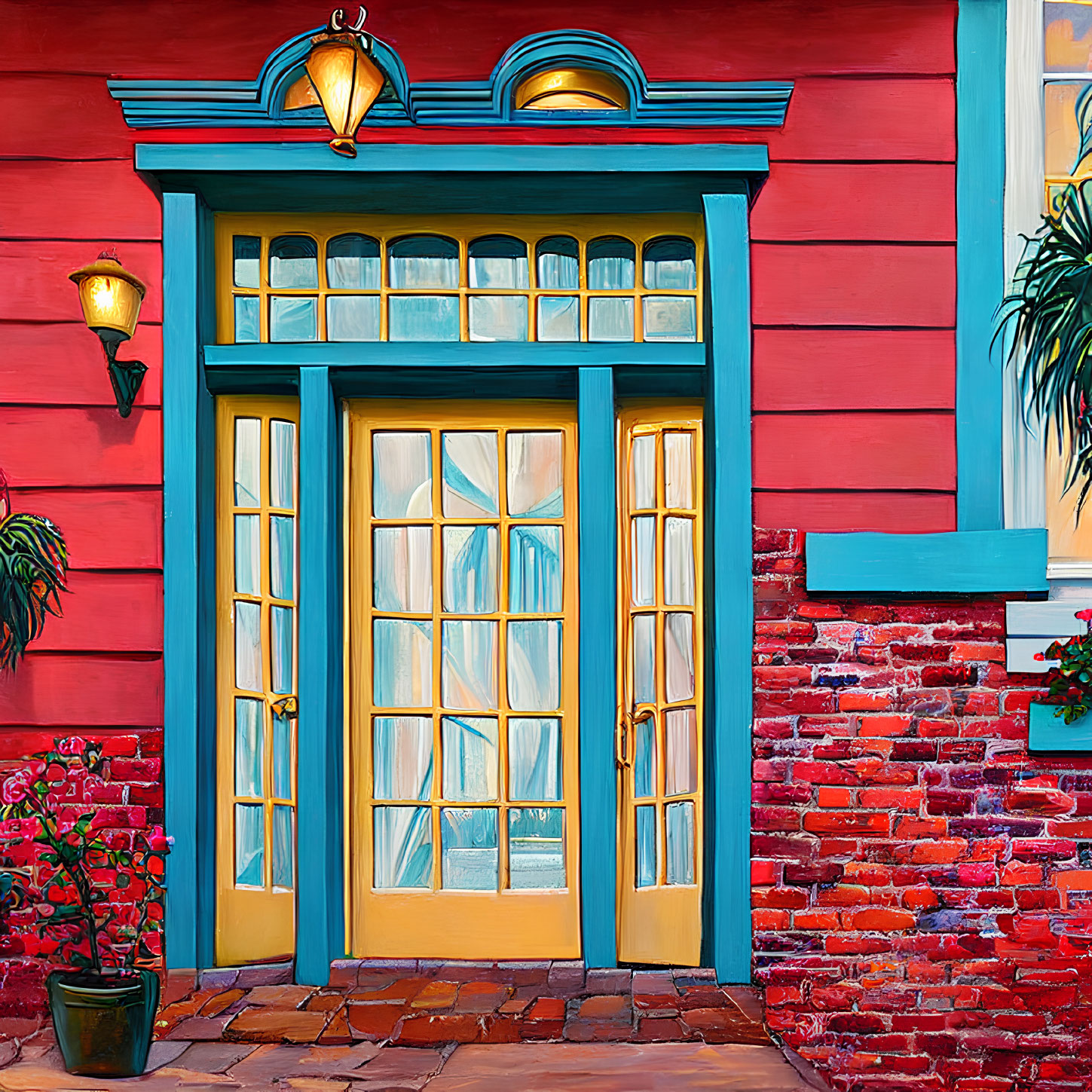 Colorful painting of blue and yellow door in red brick wall with lanterns and potted plant