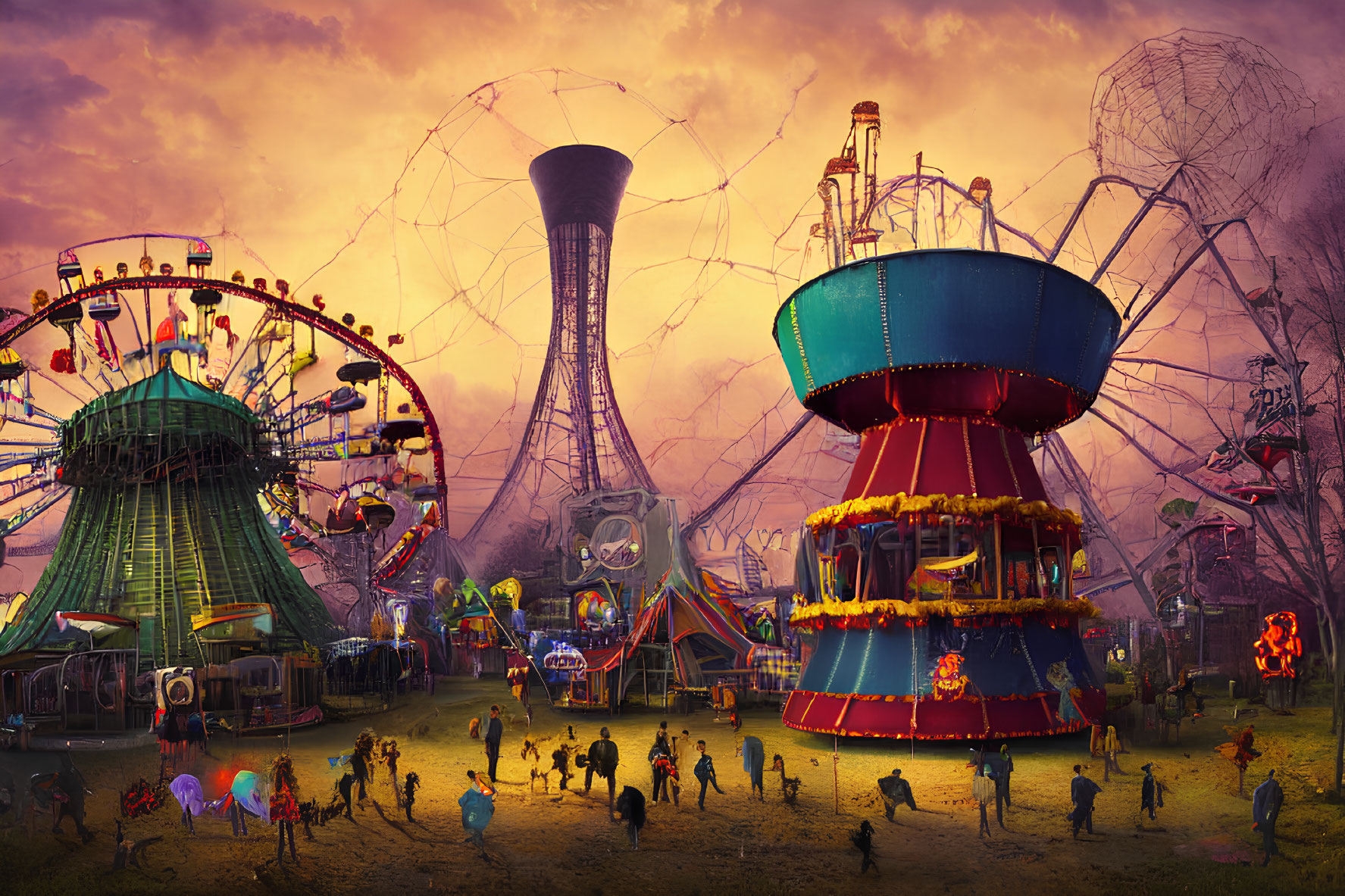 Vibrant amusement rides in atmospheric carnival scene